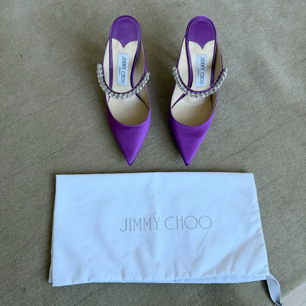Jimmy Choo Bing 100 Satin Mules With Crystal Strap in pink violet, size 37, NEW - Picture 7 of 9